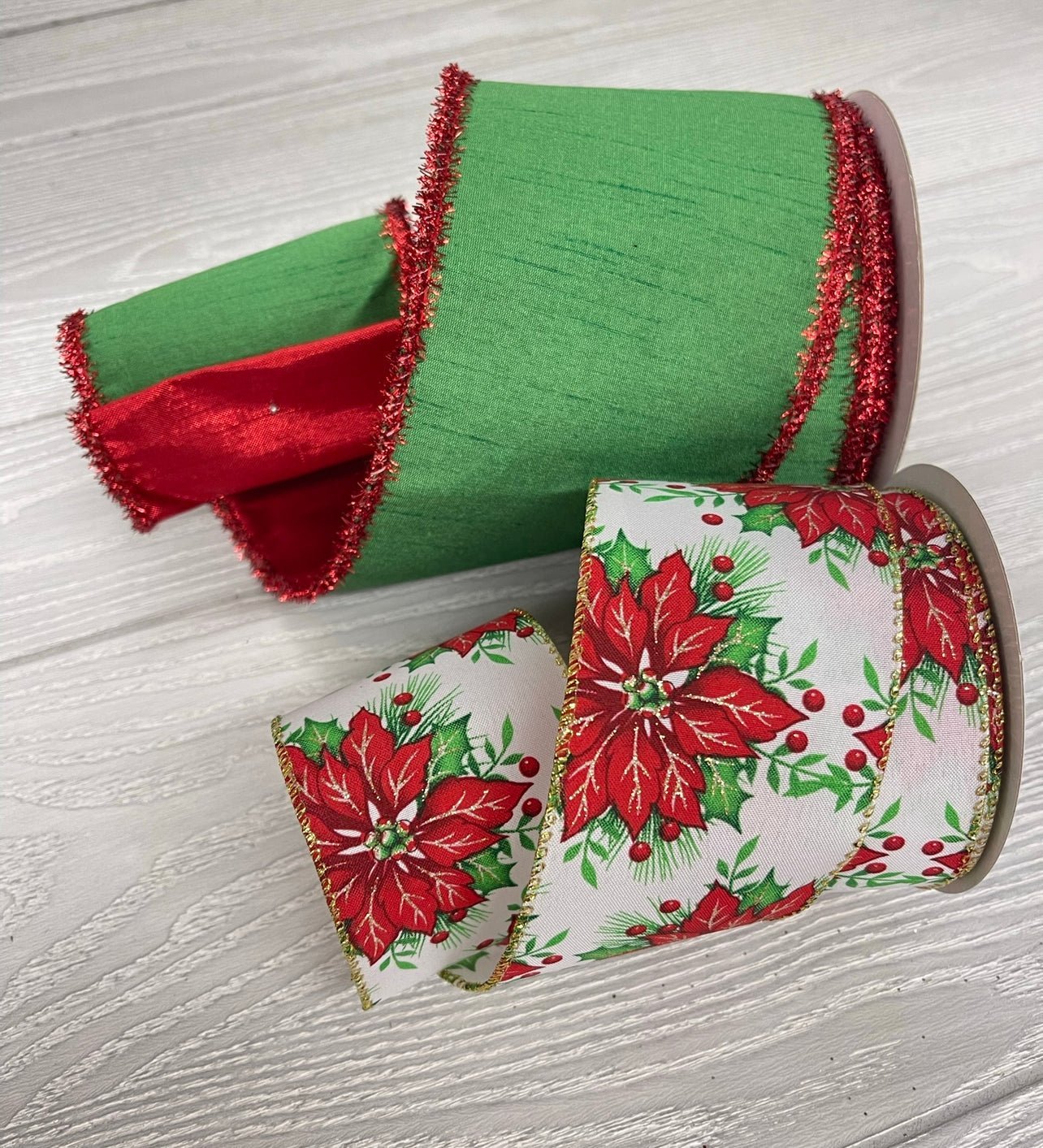 Green double sided with Red tinsel edge wired ribbon - 4” - Greenery MarketWired ribbon179736