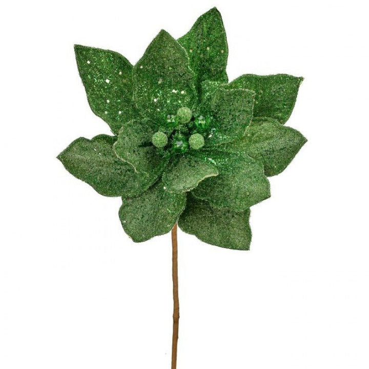 Green sequin and beaded poinsettia stem - Greenery MarketMTX68892 emerald