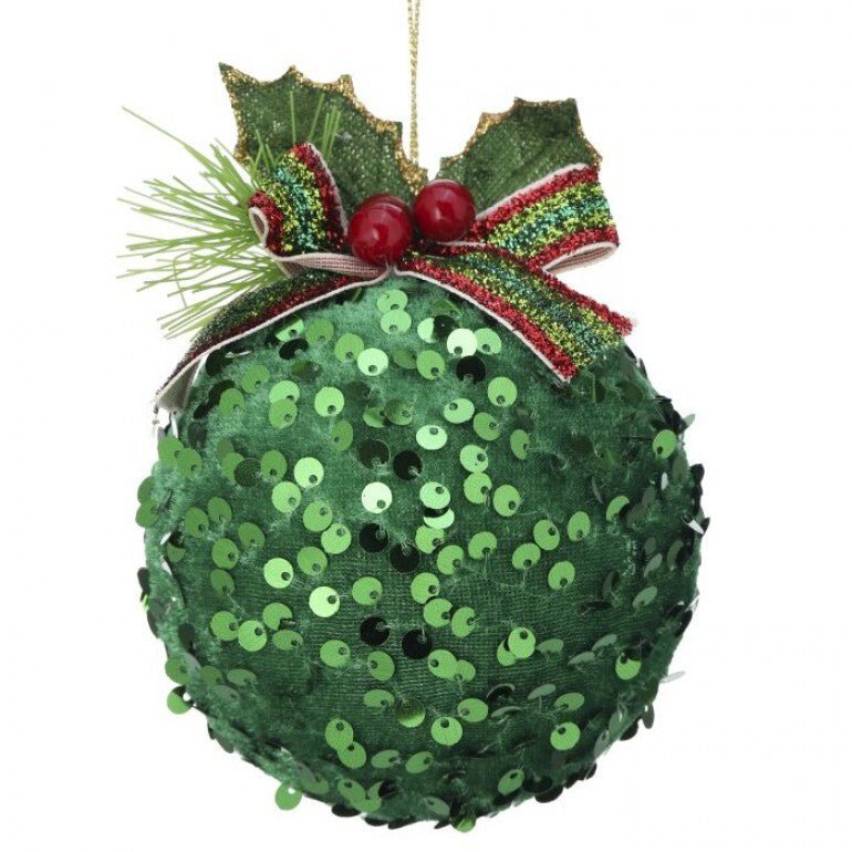 Green sequin ball ornament with bow - Greenery MarketMTX71999 green