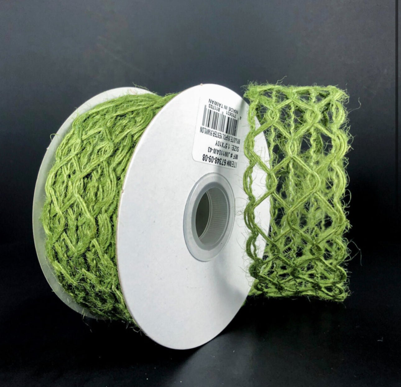 Green squiggle open weave wired ribbon, 1.5