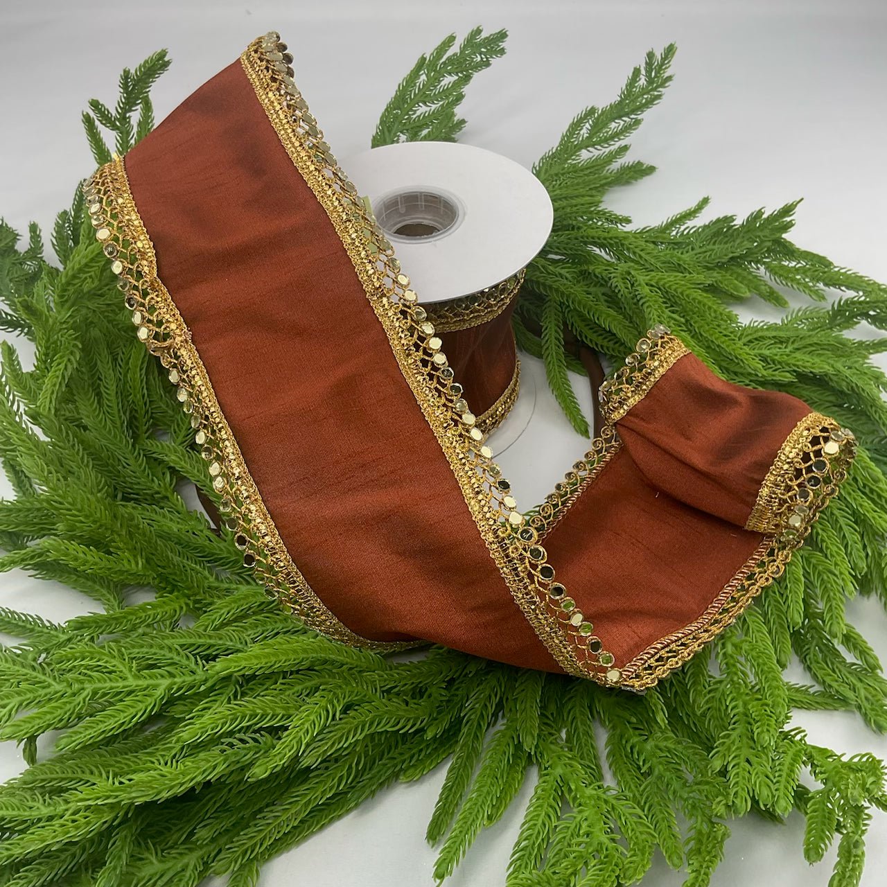 Holiday brown rust dupioni with trim wired ribbon 4” - Greenery MarketWired ribbonMTX71607