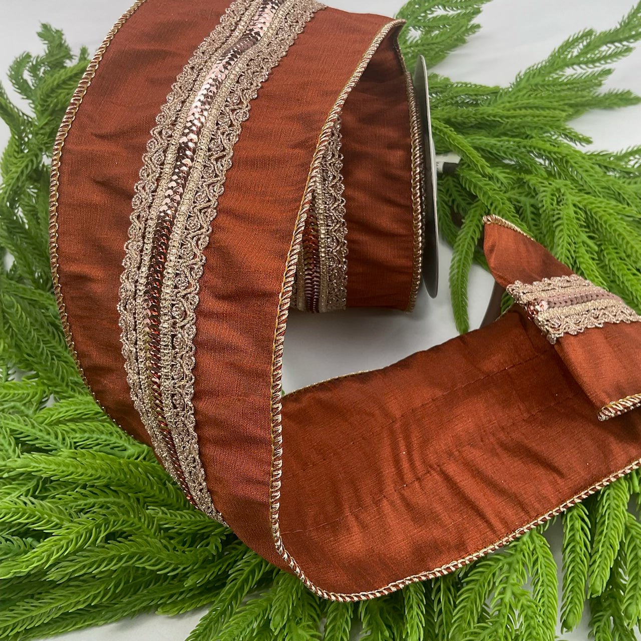 Holiday rust dupioni with sequin trim wired ribbon 4” - Greenery MarketWired ribbonMTX71606