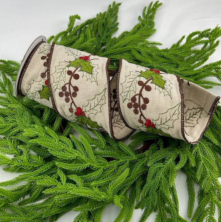 Holly embroidered linen wired ribbon 4” - Greenery MarketRibbons & Trim144291