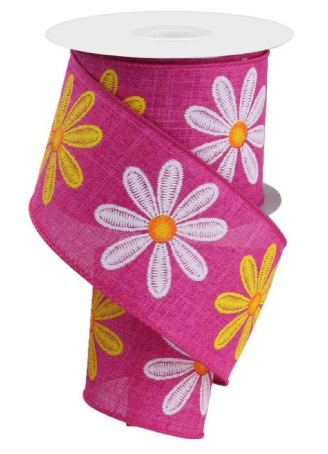 hot pink and yellow daisy wired ribbon, 2.5