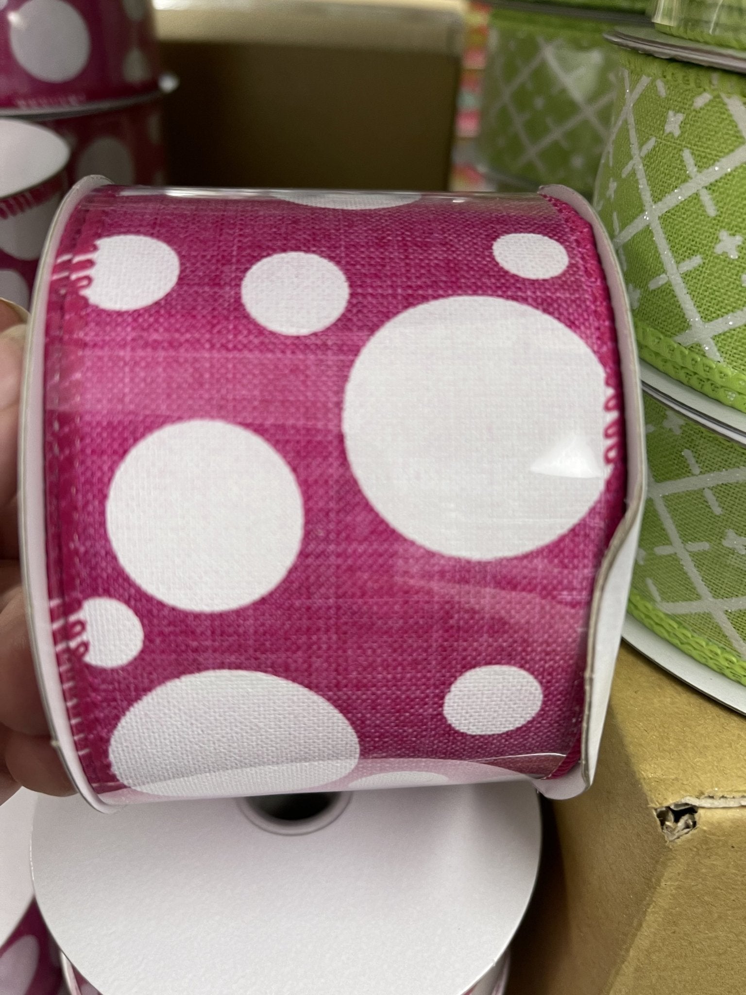 Hot Pink polka dot wired ribbon 2.5” - Greenery Market Wired ribbon