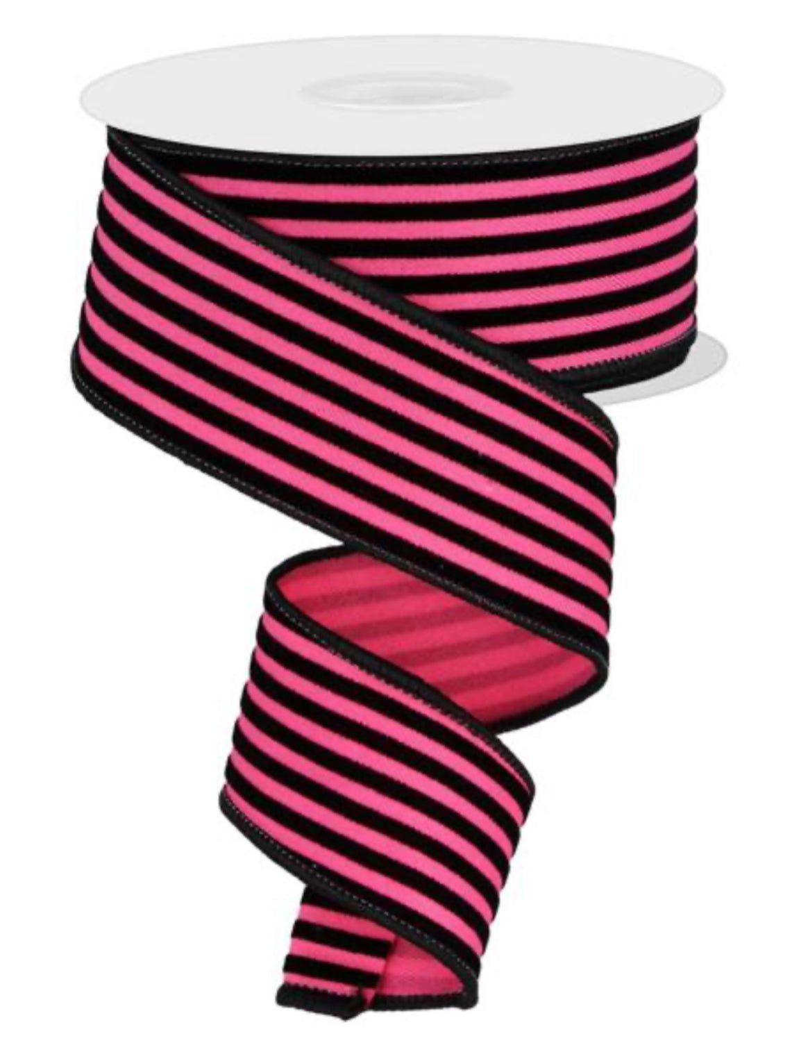 1.5 Vertical Thin Velvet Stripe Ribbon: Hot Pink/Black - 10yds