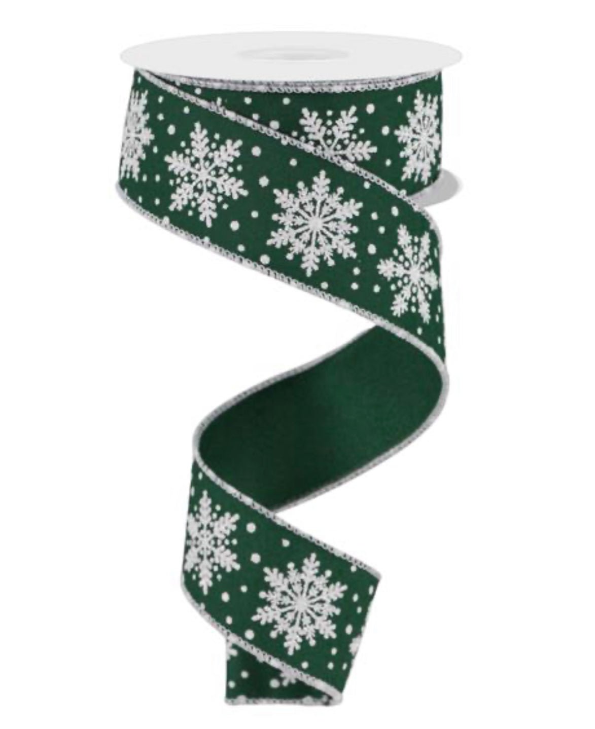 Hunter green and white snowflakes wired ribbon , 1.5