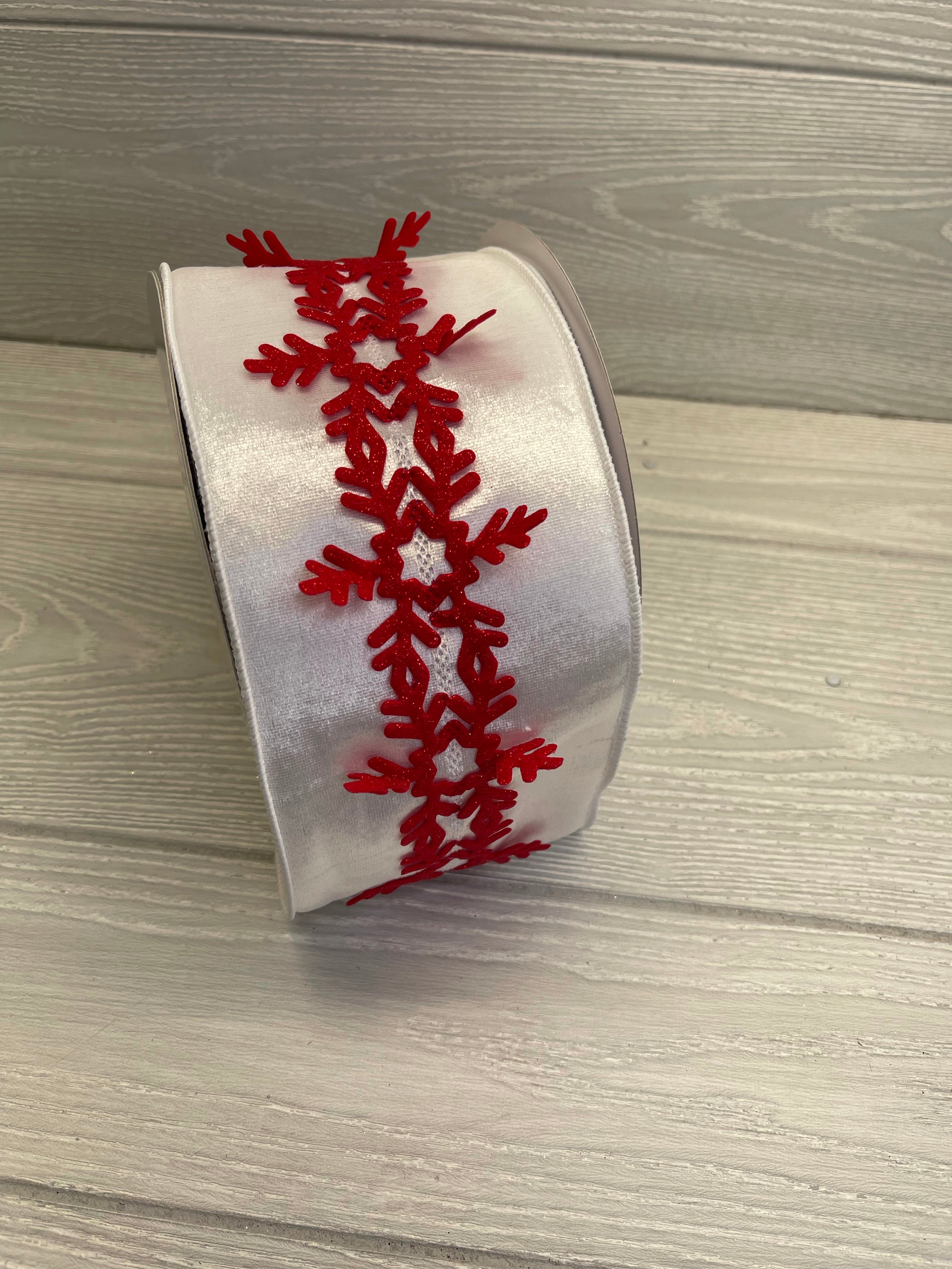 Red felt cutout on white velvet 4” wired ribbon - Greenery Market Wired ribbon