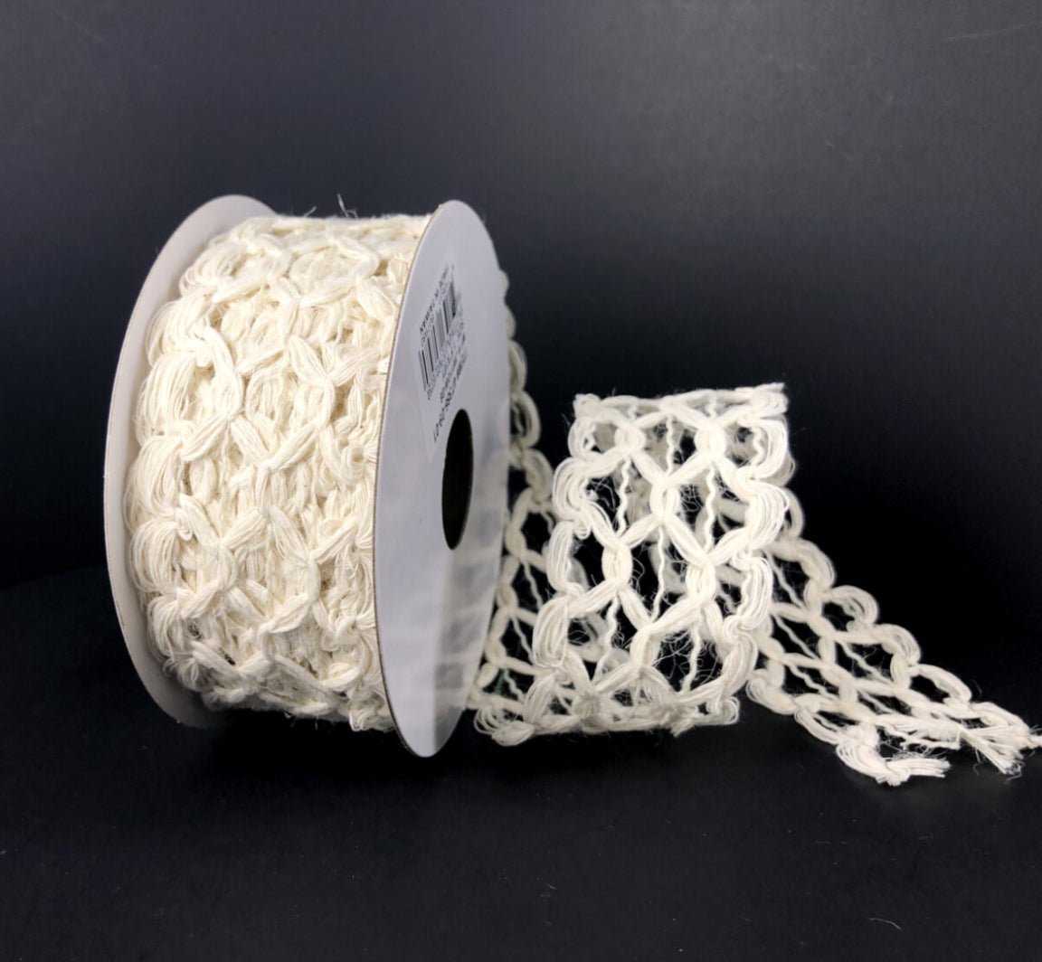 Ivory squiggle open weave wired ribbon, 1.5