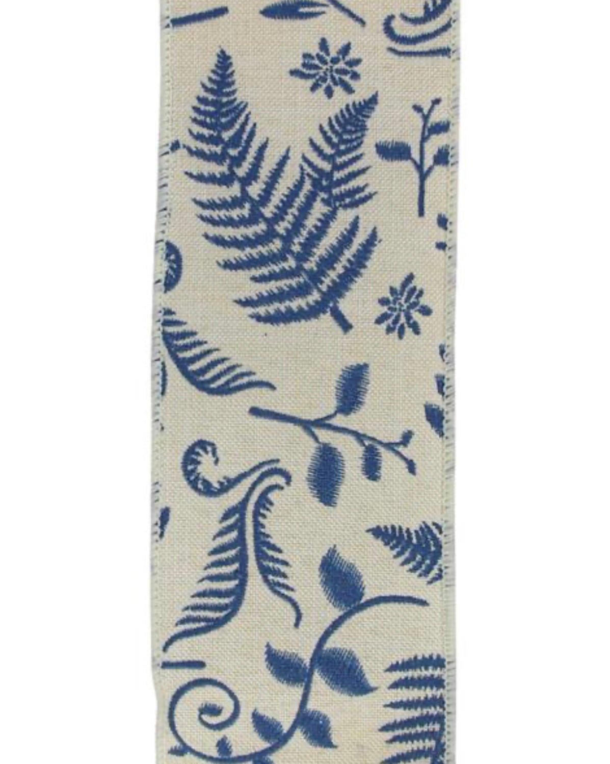 Ivory with Blue fern and leaves wired ribbon 2.5” - Greenery MarketWired ribbonRGE177438