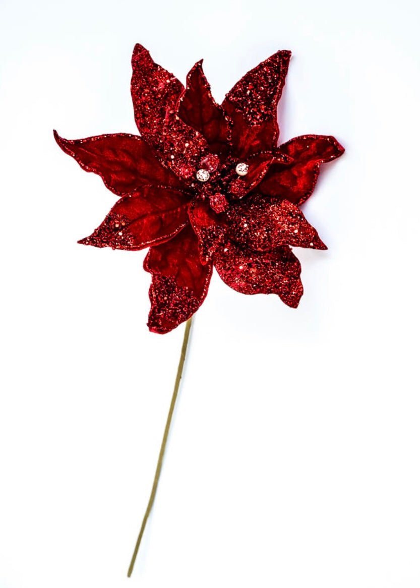 Jeweled and beaded poinsettia stem - red - Greenery MarketXg982-R