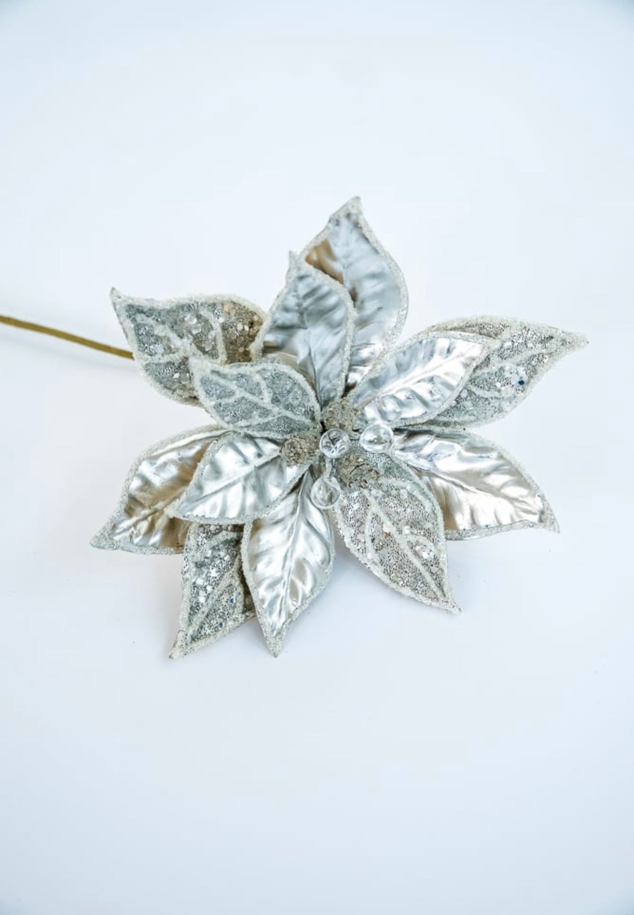 Jeweled and beaded poinsettia stem - silver - Greenery MarketXG841-SV
