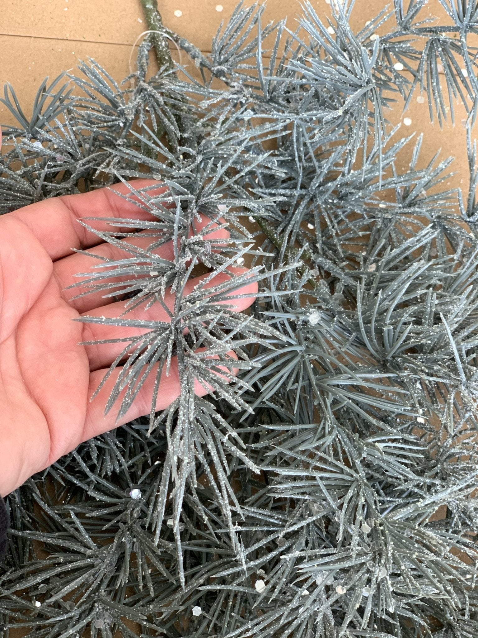 Large Frosted gray blue pine spray with silver sparkle - Greenery Marketgreenery25182