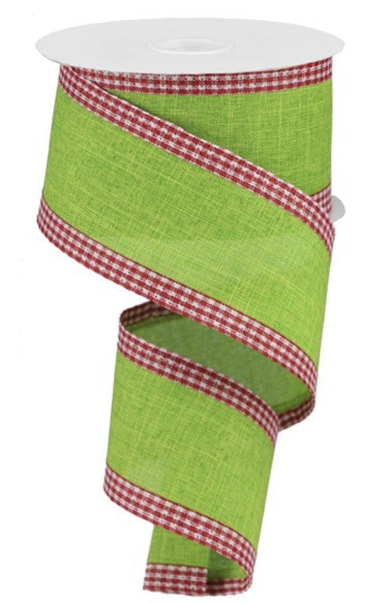 Lime green and red gingham border 2.5” wired ribbon - Greenery Market