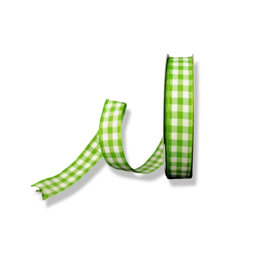 LIME green and white classic Gingham wired ribbon, 5/8