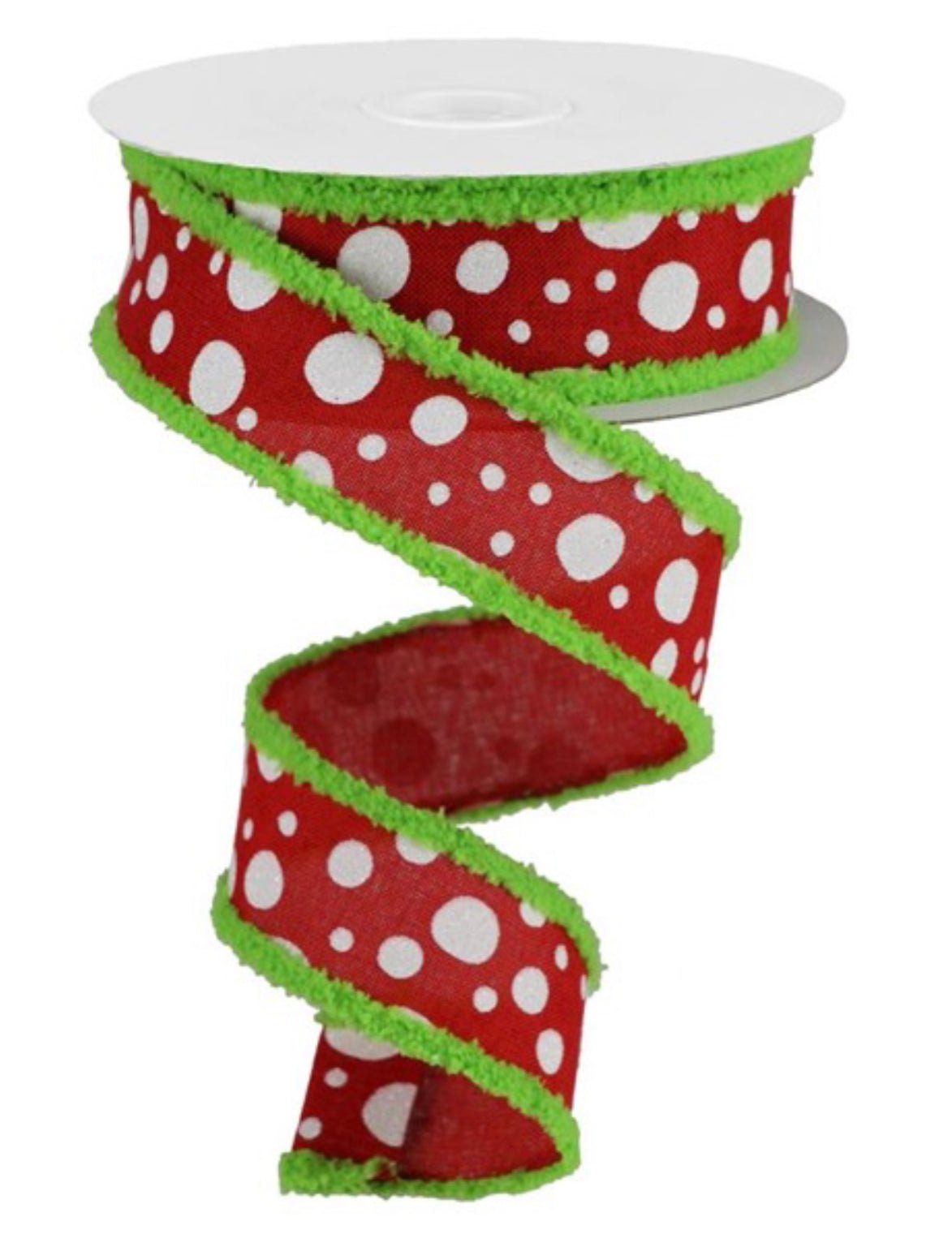 Lime Green fluffy edge on red polkadot wired ribbon 1.5” - Greenery MarketWired ribbonRG083133Y
