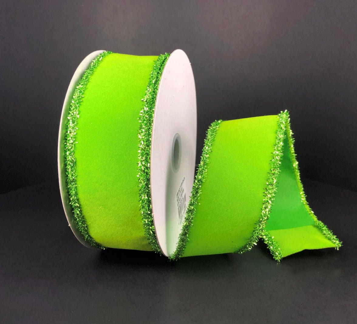 Lime green velvet ribbon with tinsel edge, 1.5