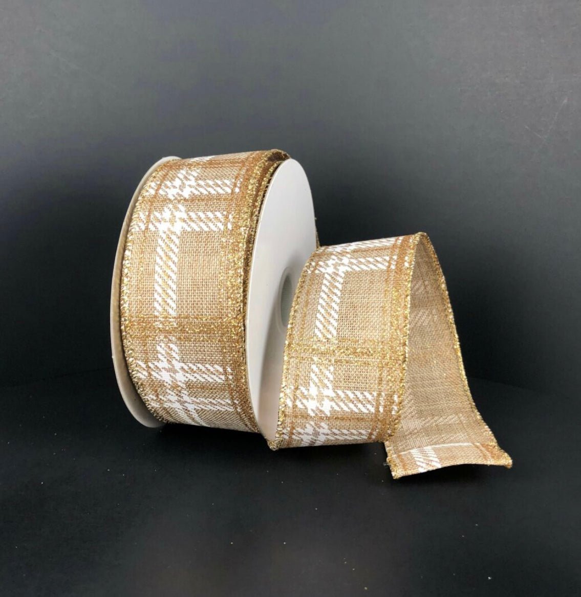 Linen natural, gold, and white plaid wired ribbon 1.5" - Greenery MarketRibbons & Trim71236-09-15