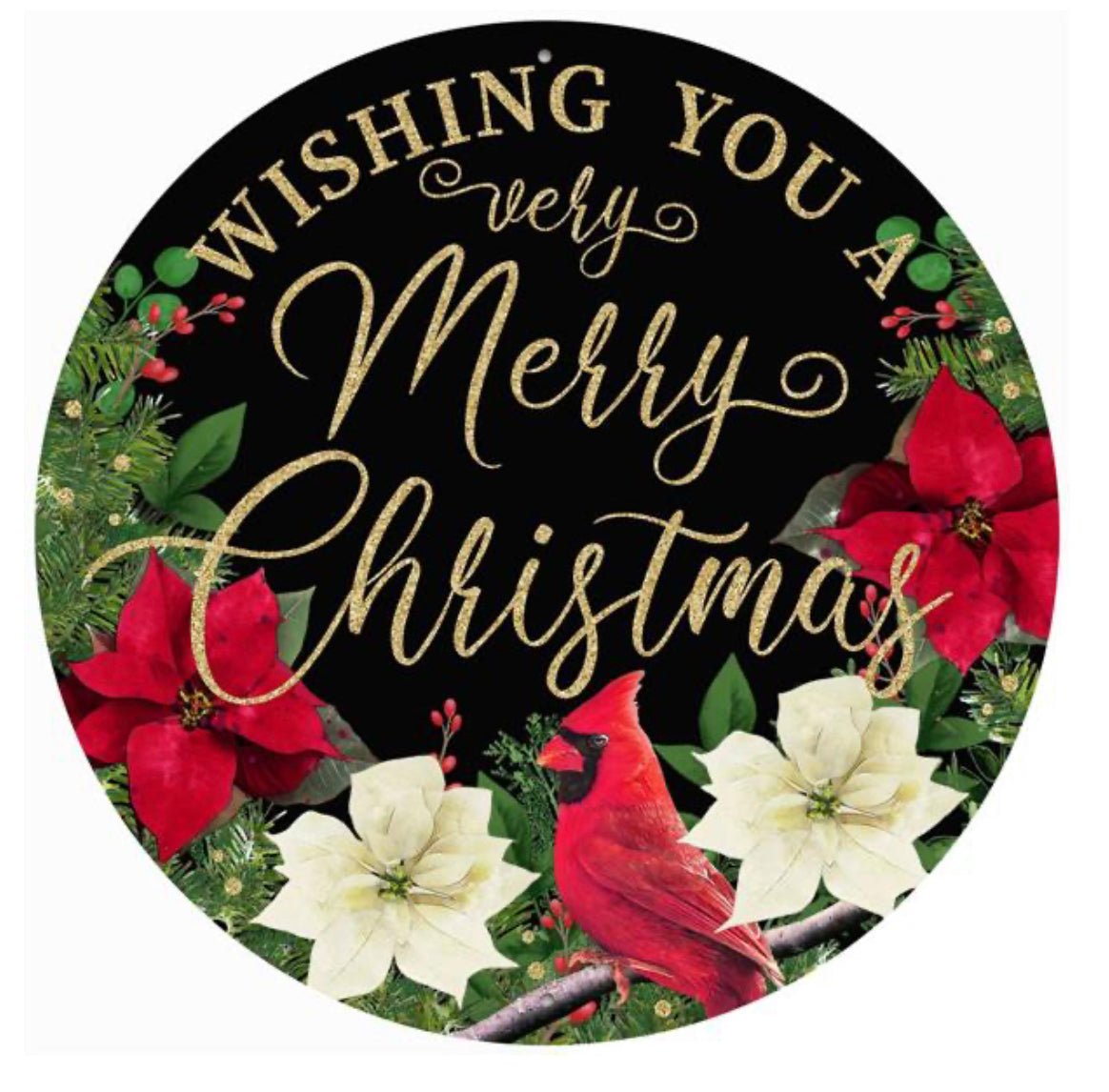 Merry Christmas poinsettia metal round sign - Greenery MarketSeasonal & Holiday DecorationsMD1011