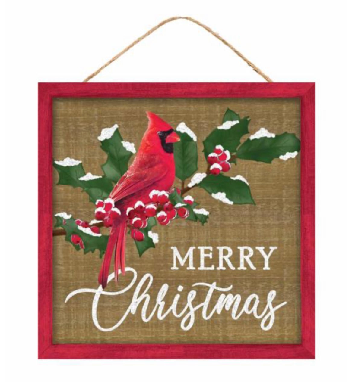Merry Christmas sign with holly and cardinal - Greenery Marketsigns for wreathsAP8999