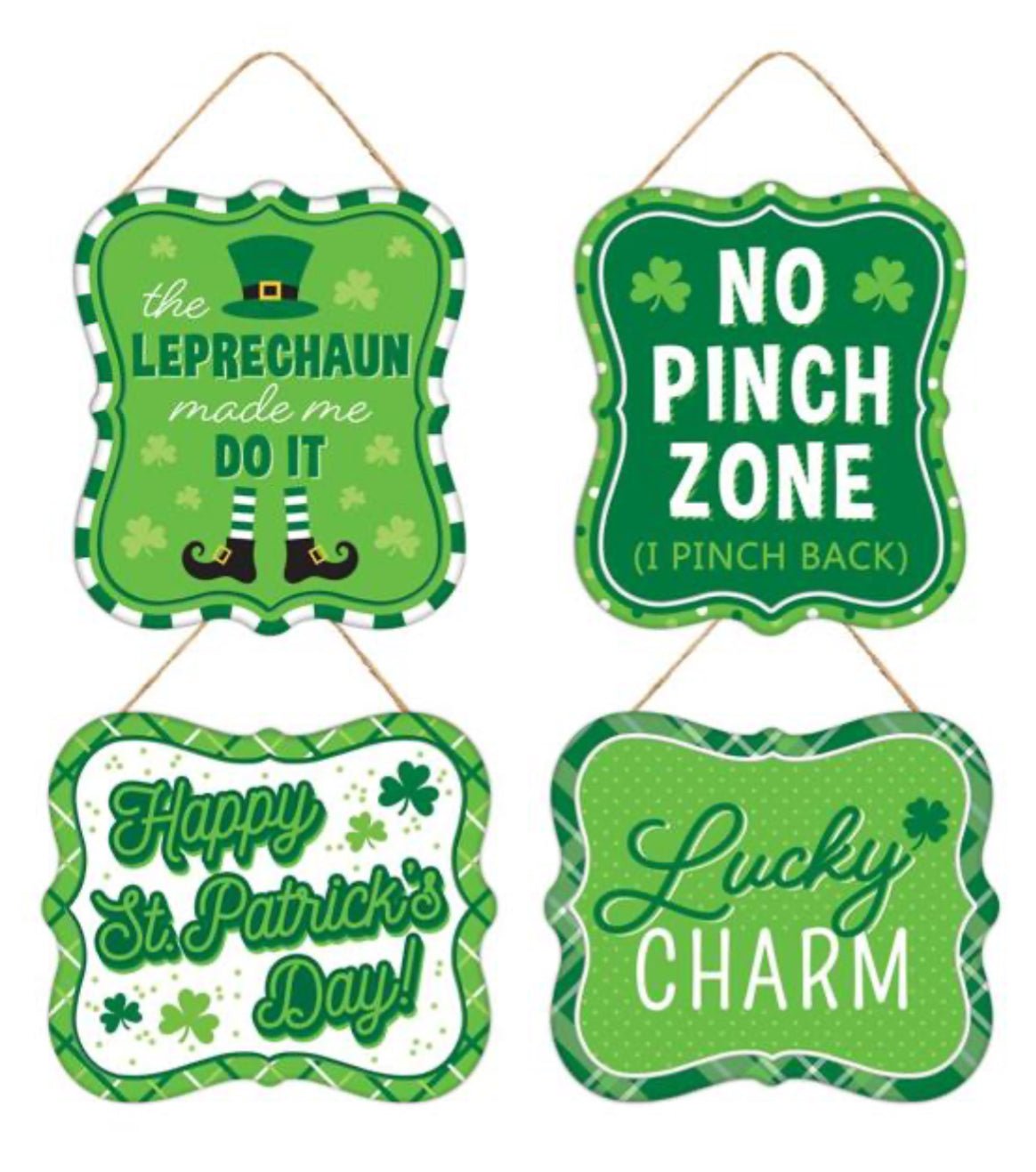 Metal, embossed, set of shamrock St Patrick’s day signs x 4 signs - Greenery MarketMD1041