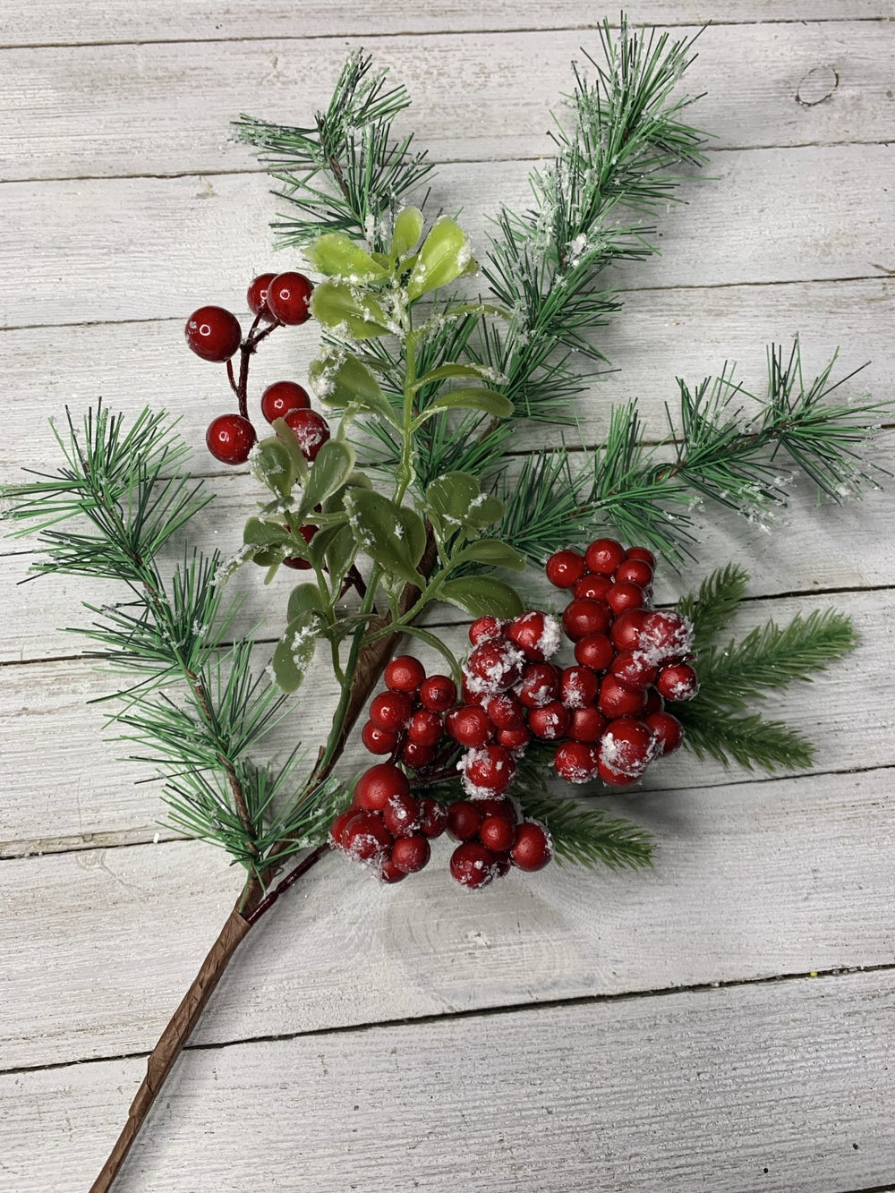 Mixed pine and boxwood with red berries pick - Greenery Market greenery