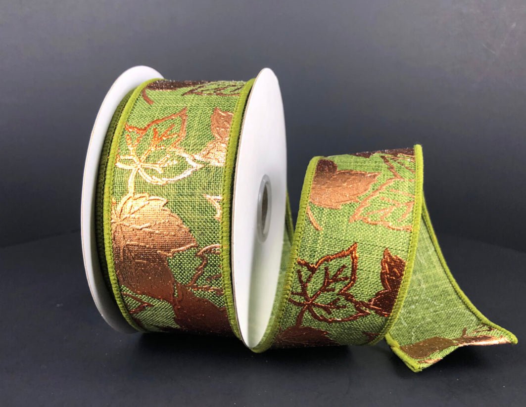 Moss with copper maple leaves wired ribbon 1.5” - Greenery MarketWired ribbon68205-09-29
