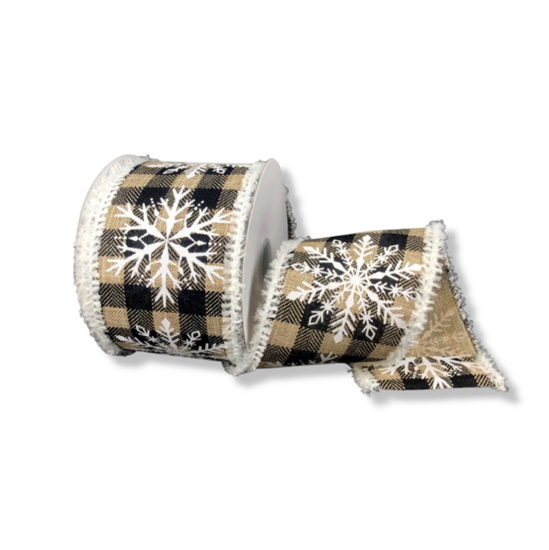 Natural and black plaid with snowflakes wired ribbon , 2.5"X10Y - Greenery Market Wired ribbon
