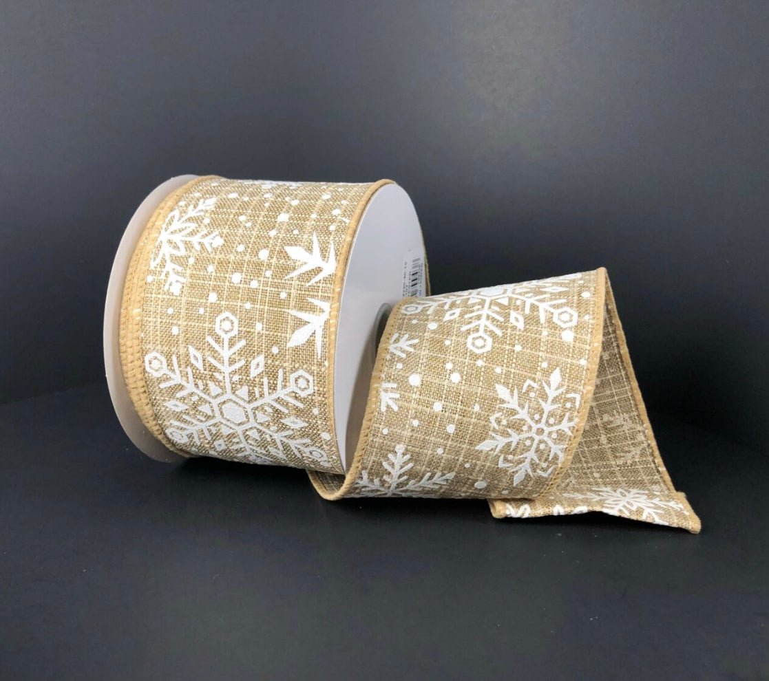 Natural and white shimmering snowflakes wired ribbon , 2.5
