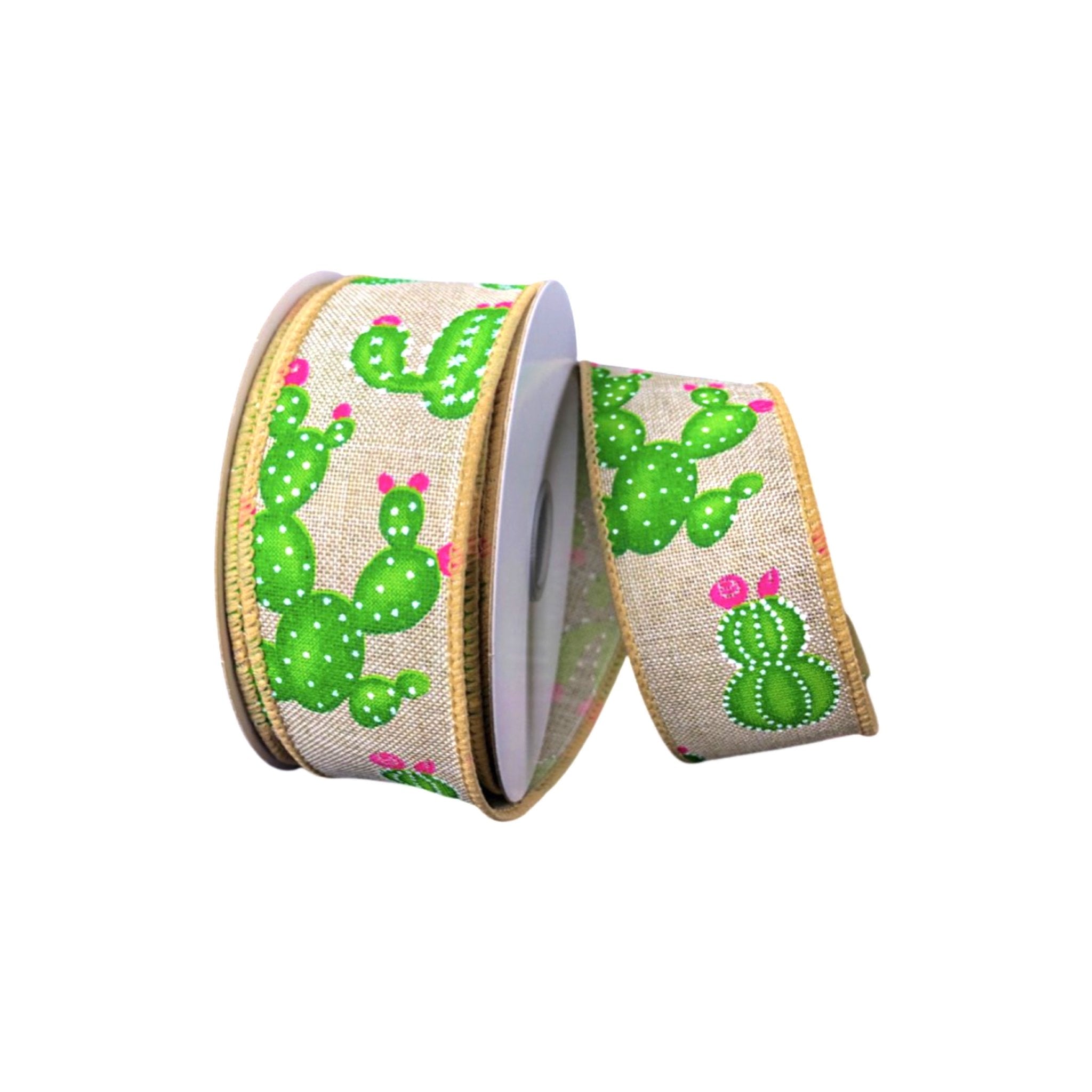 Natural, green, and Fuchsia pink cactus 1.5” wired ribbon - Greenery Market41250-09-14