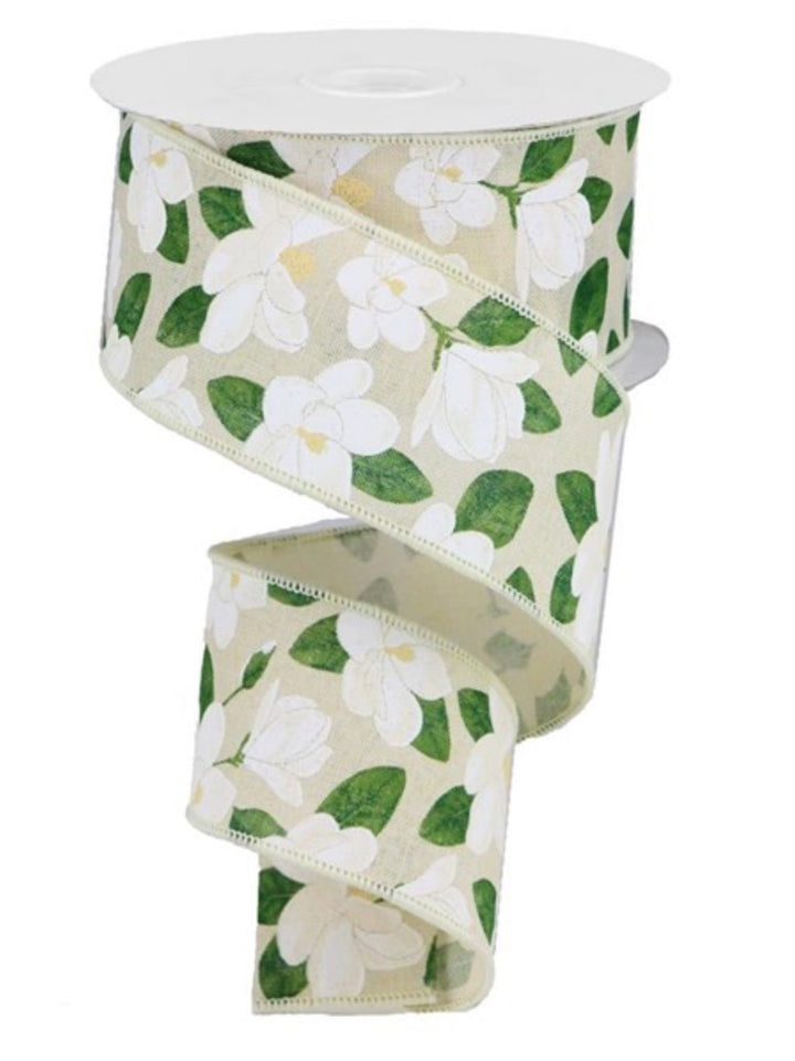 Natural magnolias print wired ribbon, 2.5" - Greenery MarketWired ribbonRGA132064
