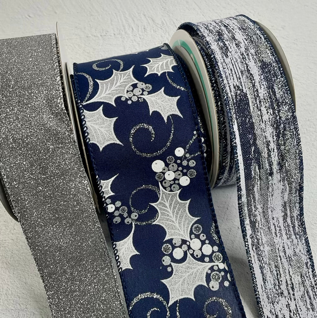 Textured Silver Metallic Weave Wired Ribbon 2.5” - Greenery Market