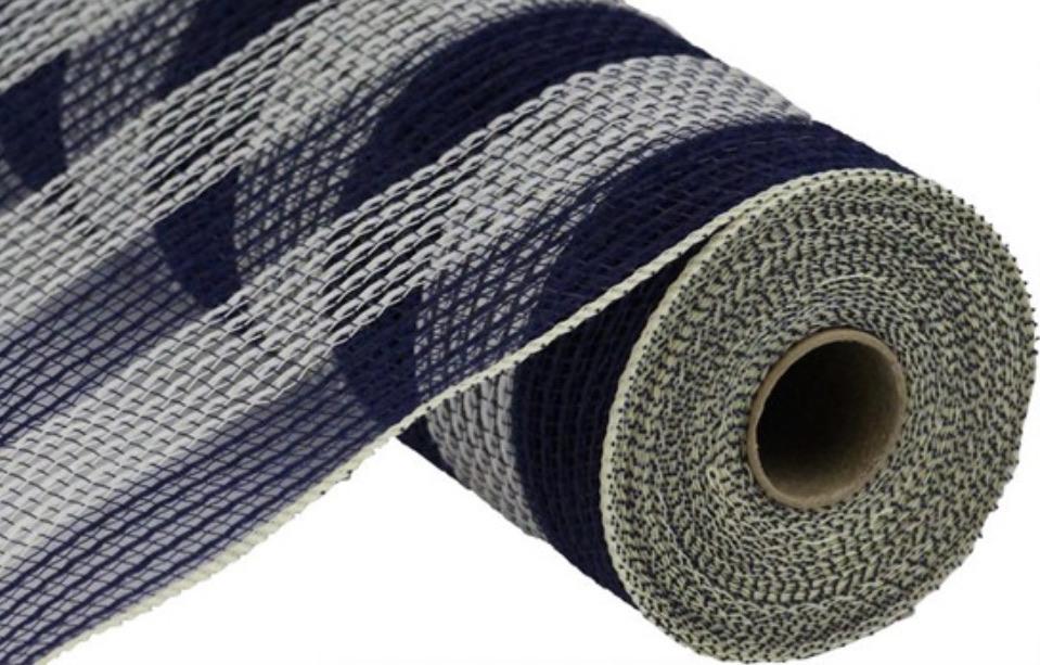 Navy blue and cream faux jute pp deco small stripe mesh, 10" - Greenery MarketDeco meshRY8319B7