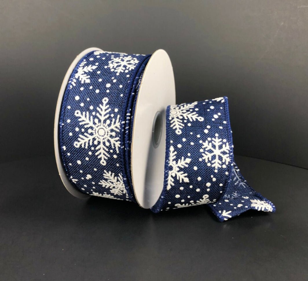 Navy blue and white shimmering snowflakes wired ribbon , 1.5