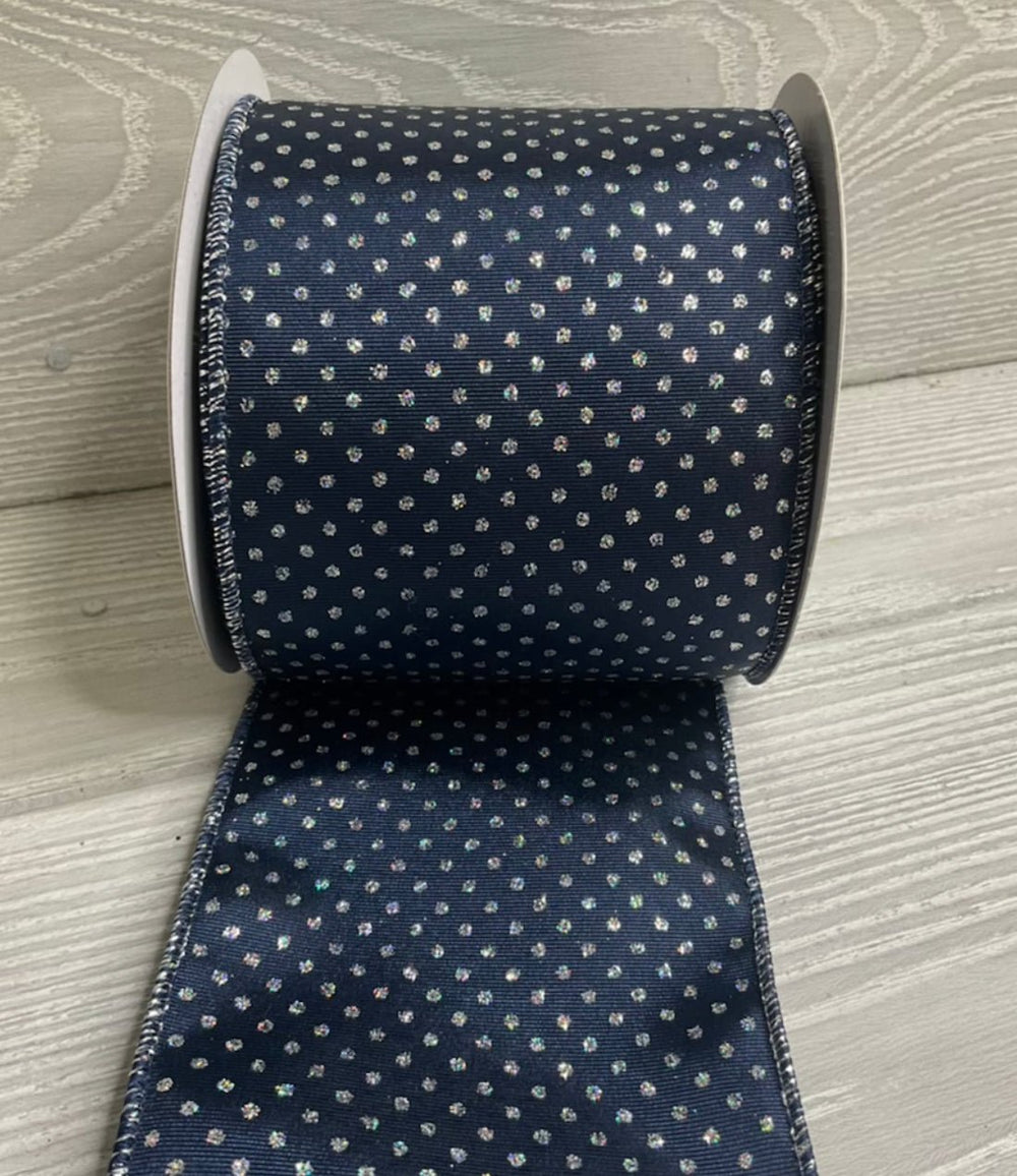 Navy Blue grosgrain wired ribbon with silver metallic dots 4” - Greenery MarketWired ribbonMTX62897