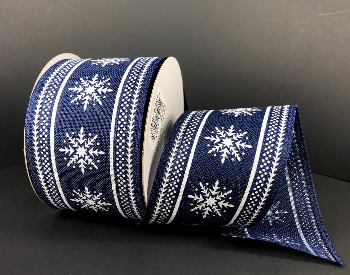 Blue Velvet Wired Ribbon with Silver Snowflakes 4” - Greenery Market