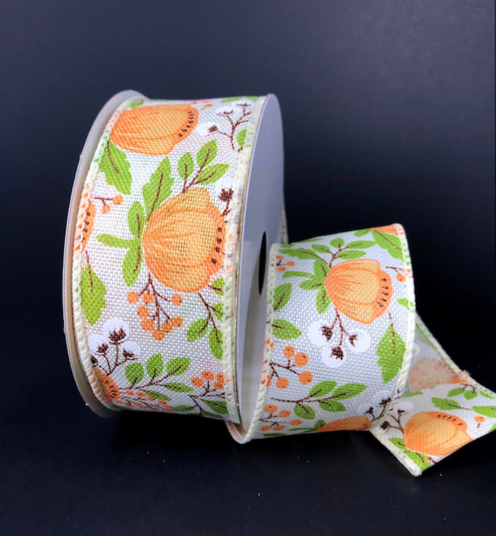 Orange peach peonies 1.5” wired ribbon - Greenery Market41256-09-46