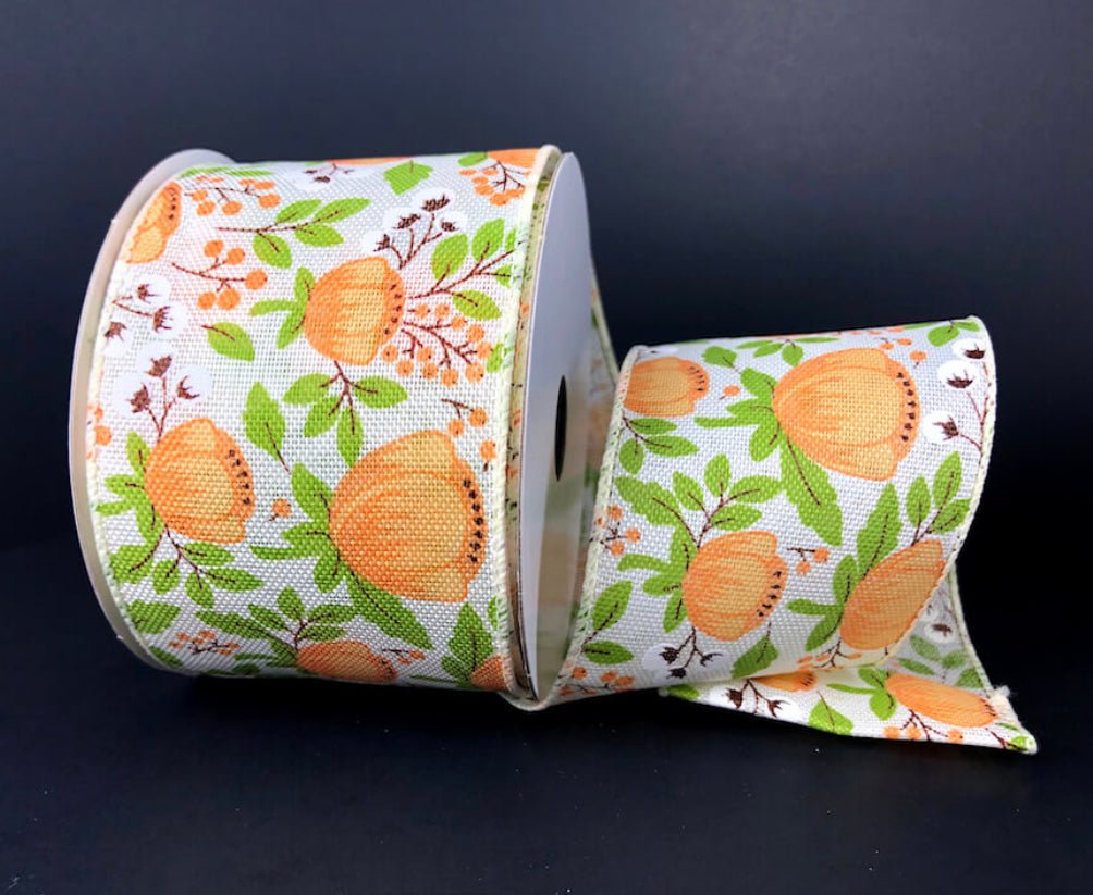 Orange peach peonies 2.5” wired ribbon - Greenery Market41256-40-46
