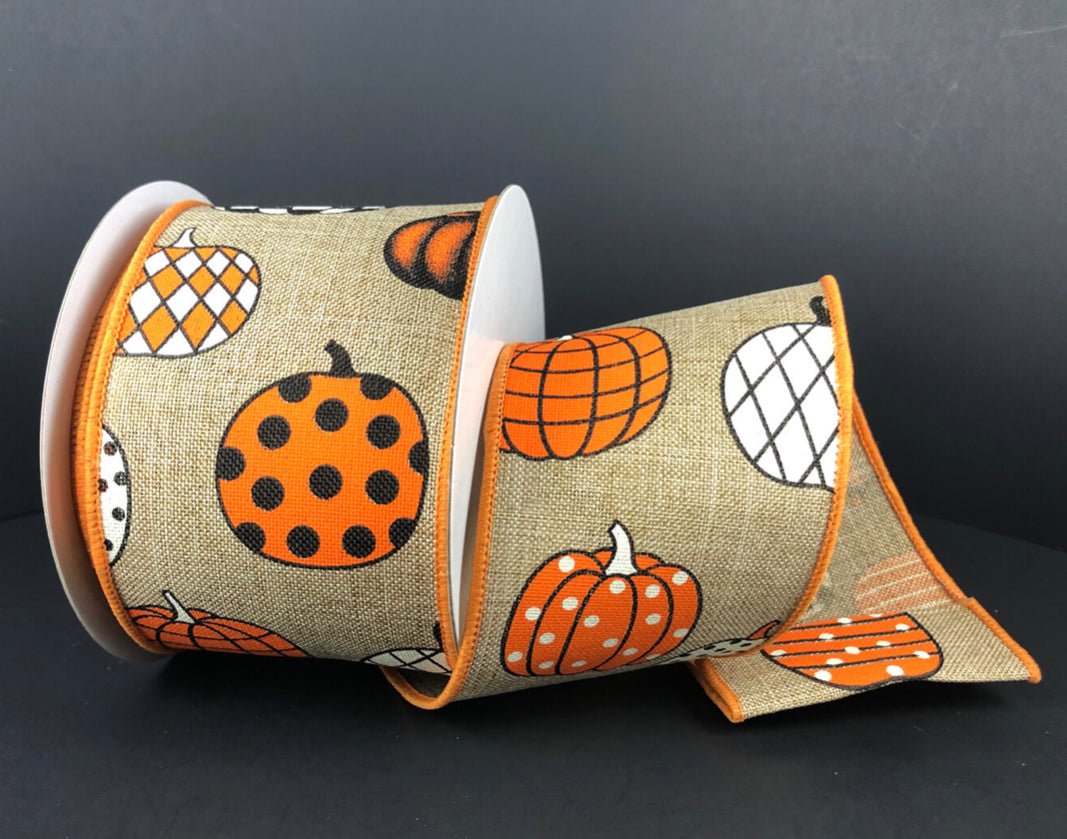 Patterned Pumpkins on natural 2.5” wired ribbon - Greenery MarketWired ribbon68204-40-15