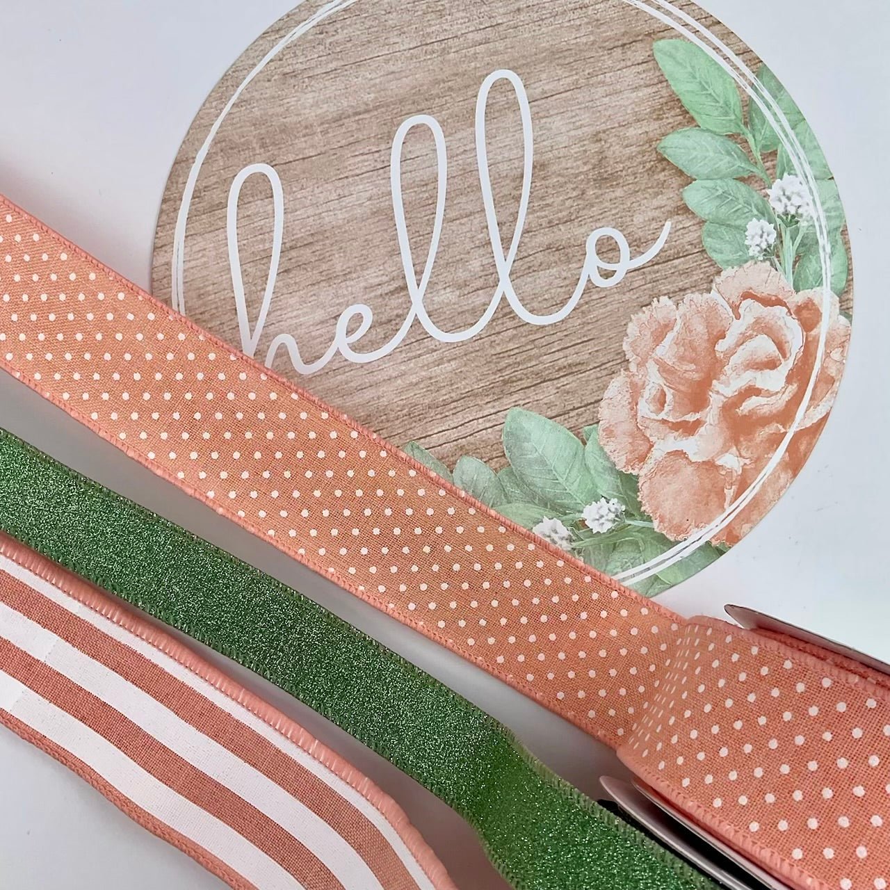 Peach and sage floral hello bow bundle plus sign - Greenery MarketWired ribbonPeachhellox4