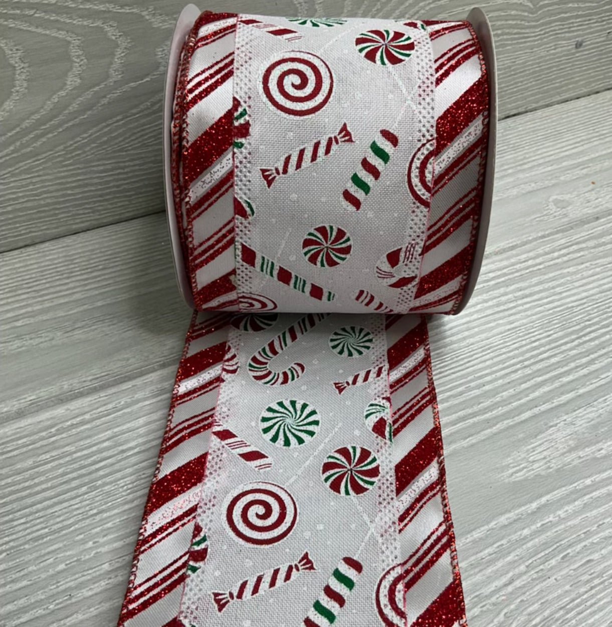 2 Rolls Christmas Peppermint Stripe Ribbon Christmas Wired Edge Ribbon Red and W
