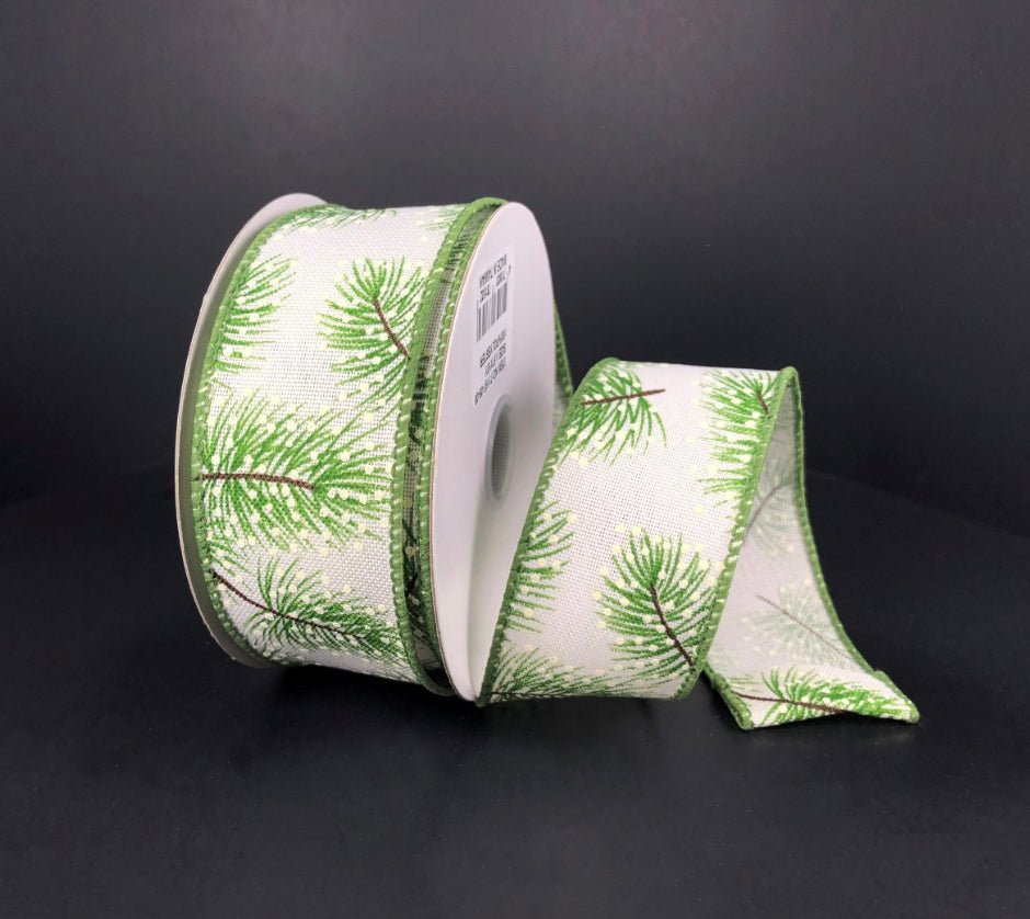 Pine snowy linen wired ribbon, 1.5