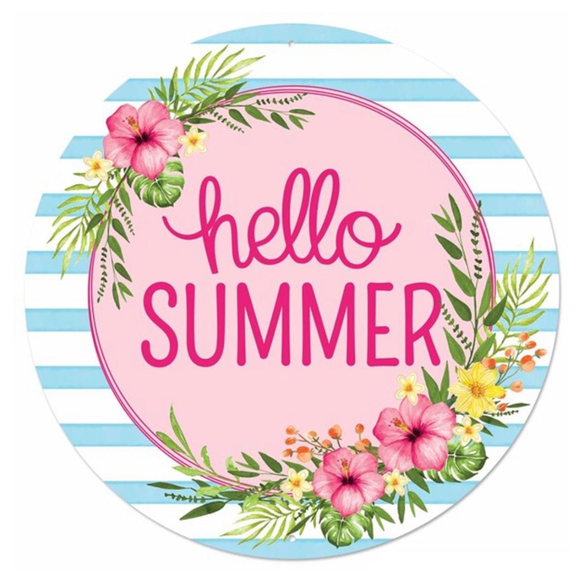 Pink and blue, metal, tropical hello summer round sign 12” - Greenery Marketsigns for wreathsMD0854
