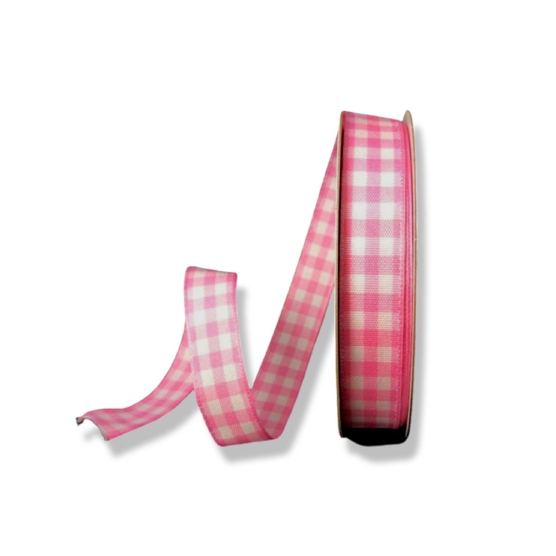 Pink and white CLASSIC gingham plaid wired ribbon, 5/8