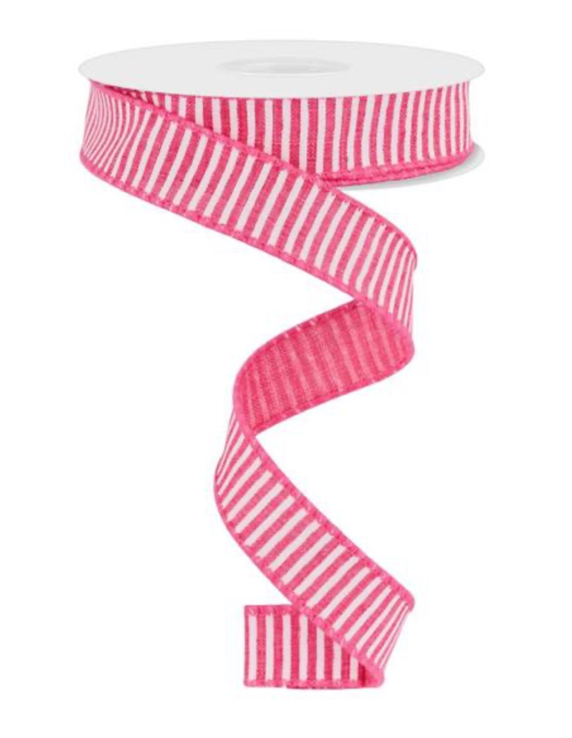Pink and white striped skinny wired ribbon, 7/8