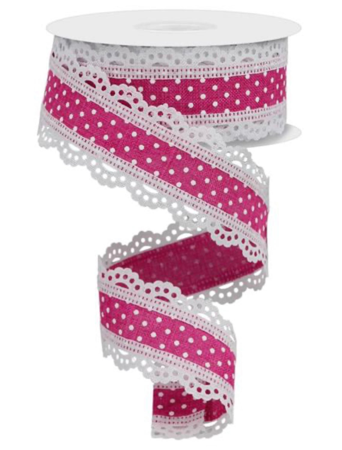 Pink and white Swiss dot with lace wired ribbon 1.5” - Greenery MarketRibbons & TrimRg0886907