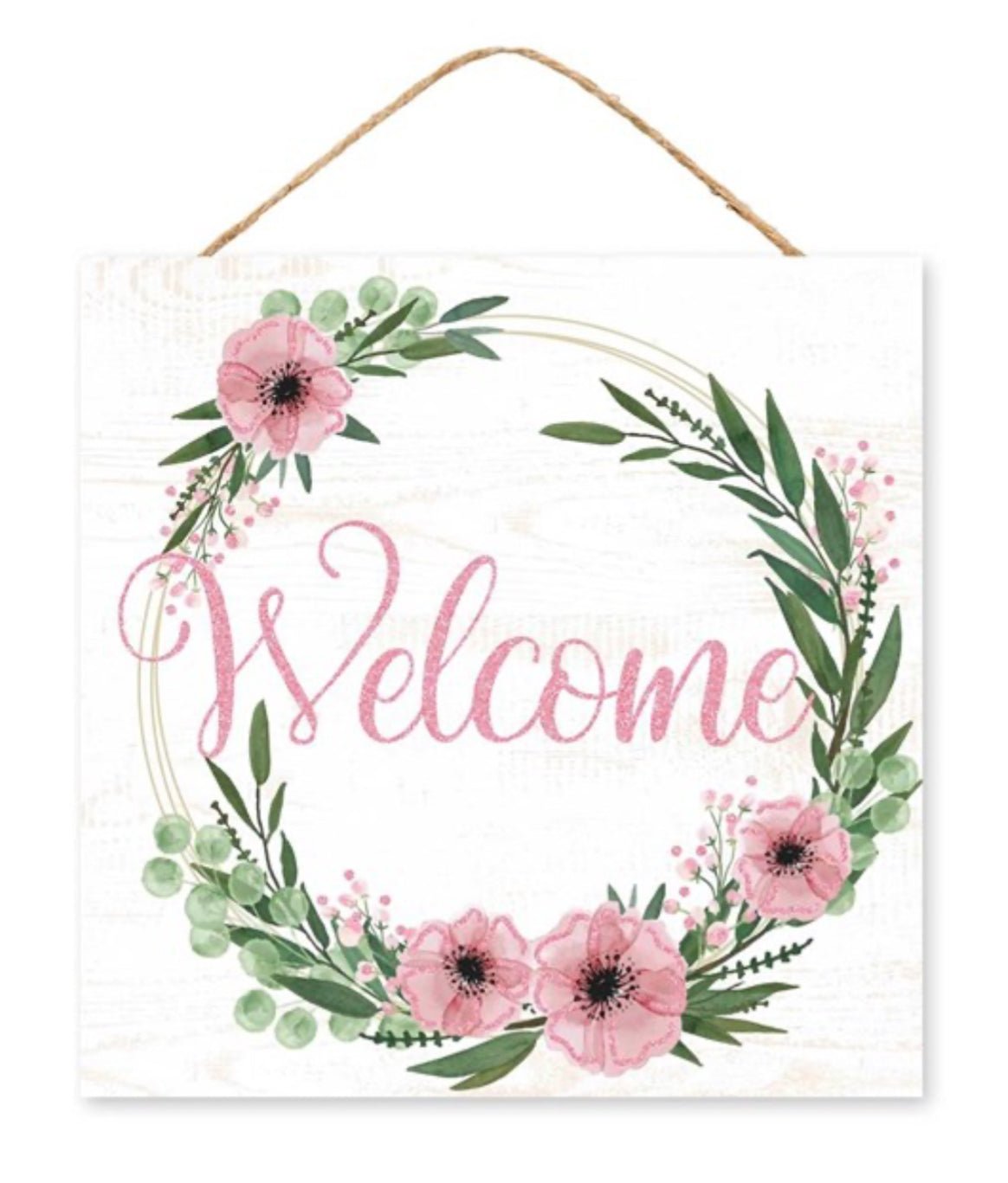 Pink and white welcome flower 10” square - Greenery Marketsigns for wreathsAP889215