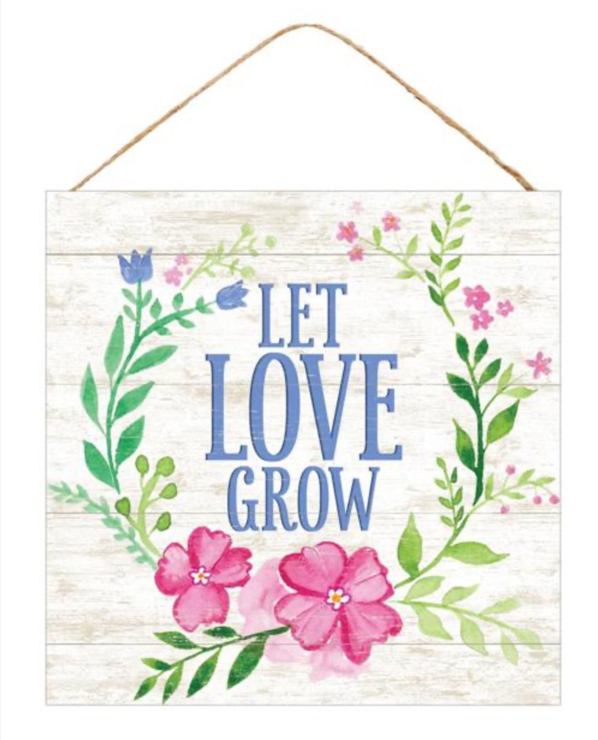 Pink floral love grows here sign with flowers - Greenery Marketsigns for wreathsAp8425