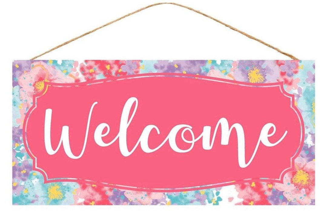 Pink floral Welcome sign with flowers - Greenery Market