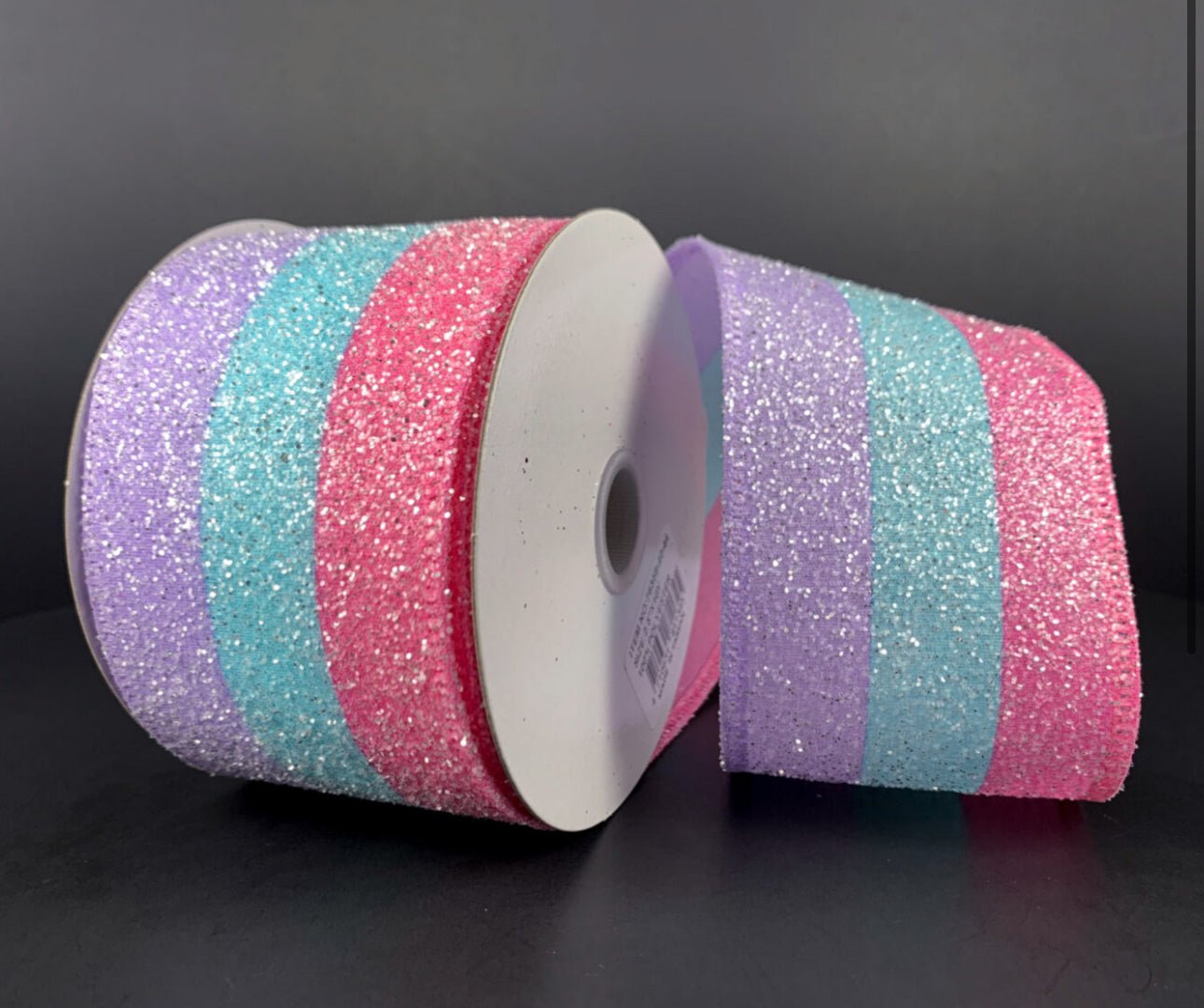 Pink lavender and blue glittered stripes wired ribbon, 2.5